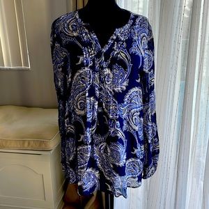 Lucky Brand Womens Tunic Top Long Sleeve 1/2 Button Pullover S Blue Sheer